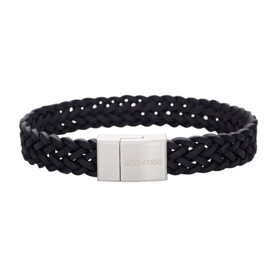 SON OF NOA 897 011-BLACK21 ARMBAND ZWART LEER MET STALEN MAGNEETSLUITING