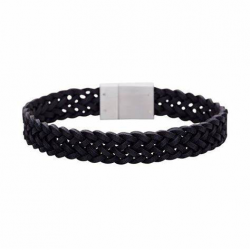 SON OF NOA 897 011-BLACK21 ARMBAND ZWART LEER MET STALEN MAGNEETSLUITING