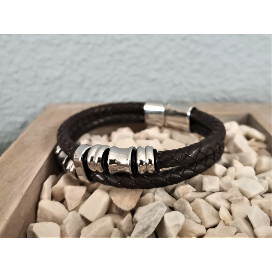 LEATHER&STEEL FOGE-BR ARMBAND BRUIN LEER EN STAAL FOGE LEATHER&STEEL FOGE-BR ARMBAND BRUIN LEER EN STAAL FOGE