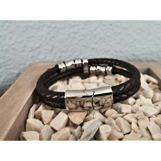 LEATHER&STEEL FOGE-BR ARMBAND BRUIN LEER EN STAAL FOGE LEATHER&STEEL FOGE-BR ARMBAND BRUIN LEER EN STAAL FOGE