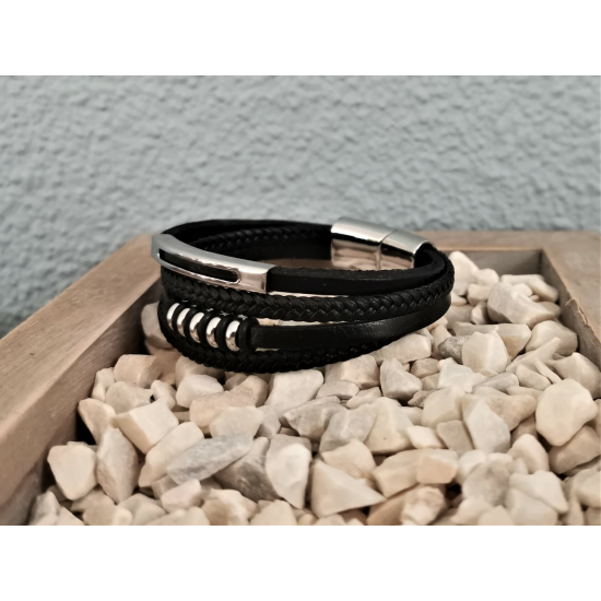 LEATHER&STEEL PIRO-ZW ARMBAND ZWART LEER EN STAAL PIRO