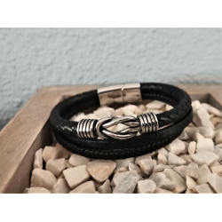 LEATHER&STEEL EGNI-ZW ARMBAND ZWART LEER EN STAAL EGNI