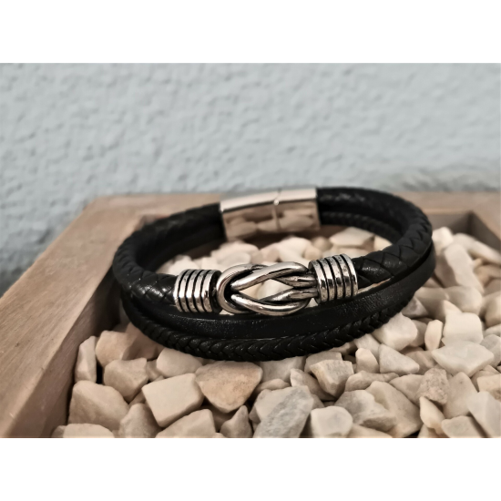 LEATHER&STEEL EGNI-ZW ARMBAND ZWART LEER EN STAAL EGNI