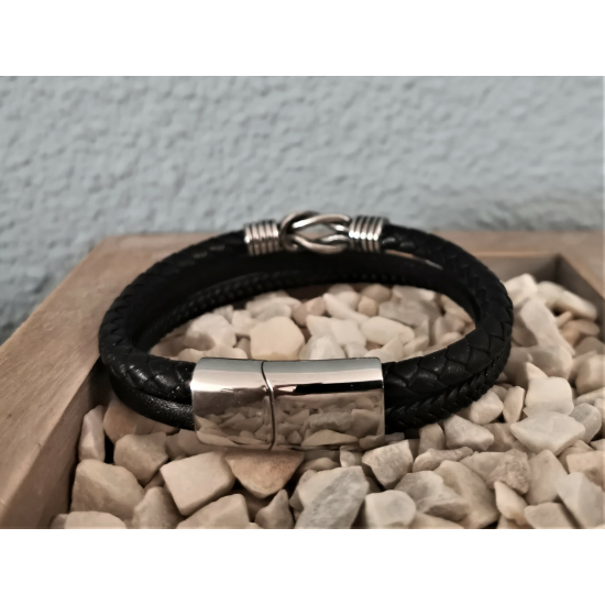 LEATHER&STEEL EGNI-ZW ARMBAND ZWART LEER EN STAAL EGNI