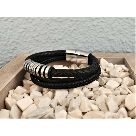 LEATHER&STEEL DIOS-ZW ARMBAND ZWART LEER EN STAAL DIOS