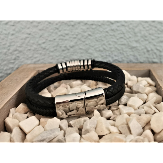 LEATHER&STEEL DIOS-ZW ARMBAND ZWART LEER EN STAAL DIOS