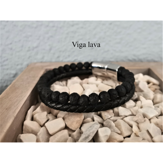 LEATHER&STEEL VIGA-ZW ARMBAND ZWART LEER EN LAVASTEEN VIGA