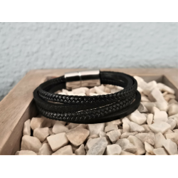 LEATHER&STEEL NERO-ZW ARMBAND ZWART LEER EN STAAL NERO