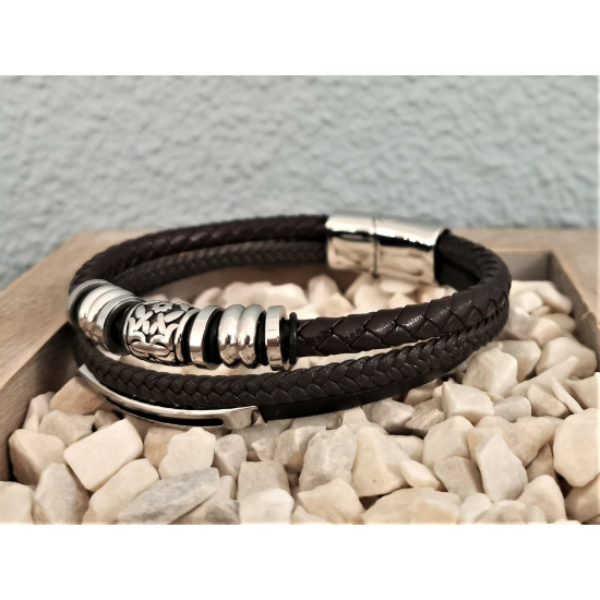 LEATHER&STEEL GIBA-BR ARMBAND BRUIN LEER EN STAAL GIBA