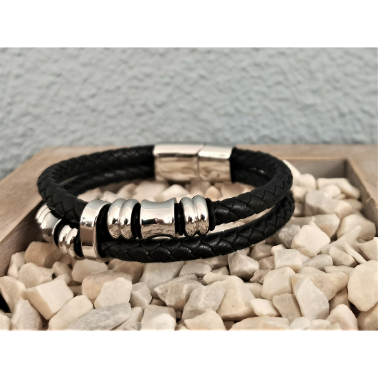 LEATHER&STEEL FOGE-ZW ARMBAND ZWART LEER EN STAAL FOGE