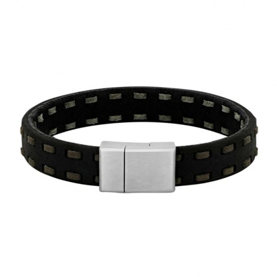 SON OF NOA 80970299121 ARMBAND ZWART-GRIJS LEER MET STALEN MAGNEETSLUITING SON OF NOA 80970299121 ARMBAND ZWART-GRIJS LEER MET STALEN MAGNEETSLUITING
