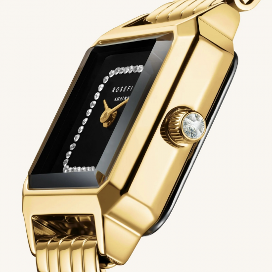 ROSEFIELD BBGSG-B09 DAMESHORLOGE  VERGULD STAAL BOXELLE BLACK CRYSTAL FRAME