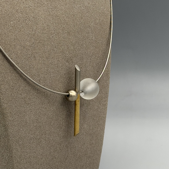 Stalen Spiraal Collier met Geometrische Hanger (18k Goud, Messing & Zirkonia)
