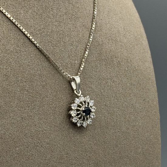 Zilveren Ketting met Saffier en Zirkonia Hanger