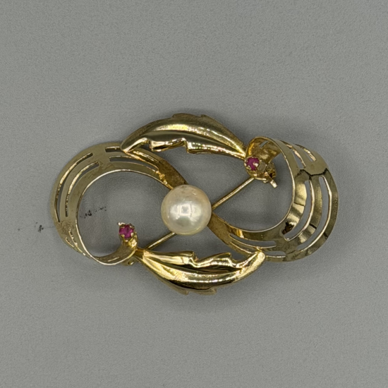 Vintage 14k Gouden Broche met Cultivé Parel en Robijn