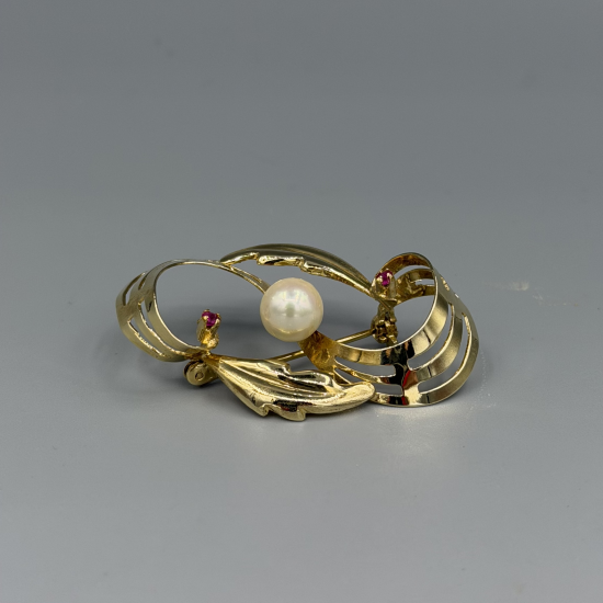 Vintage 14k Gouden Broche met Cultivé Parel en Robijn
