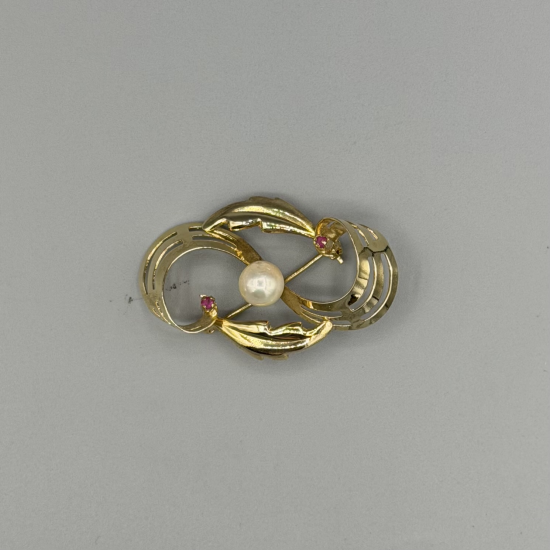 Vintage 14k Gouden Broche met Cultivé Parel en Robijn