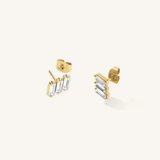 ROSEFIELD JETBG-J1127 VERGULD STALEN OORKNOPPEN TRIPPLE BAGUETTE STUDS