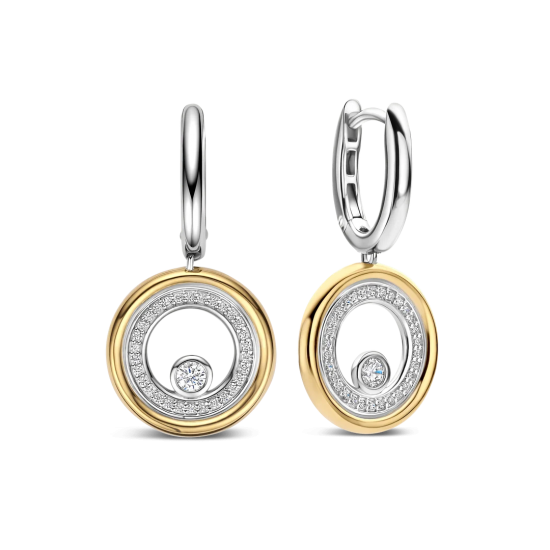 TI SENTO 78112ZY ZILVER VERGULDE OORHANGERS MET ZIRKONIA CIRCLE&CROSS