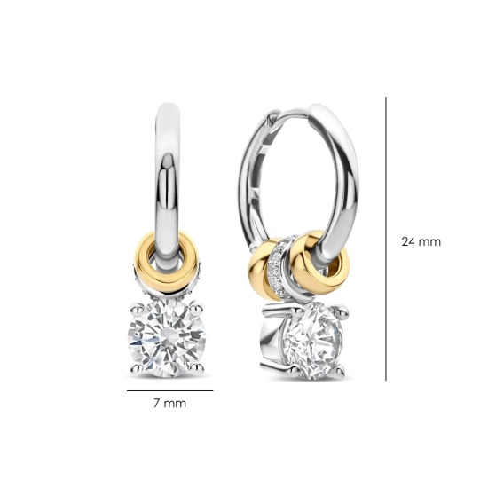 TI SENTO 78103ZY ZILVER VERGULDE OORHANGERS MET ZIRKONIA CHARM HOOPS
