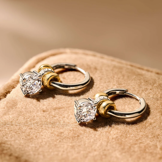 TI SENTO 78103ZY ZILVER VERGULDE OORHANGERS MET ZIRKONIA CHARM HOOPS