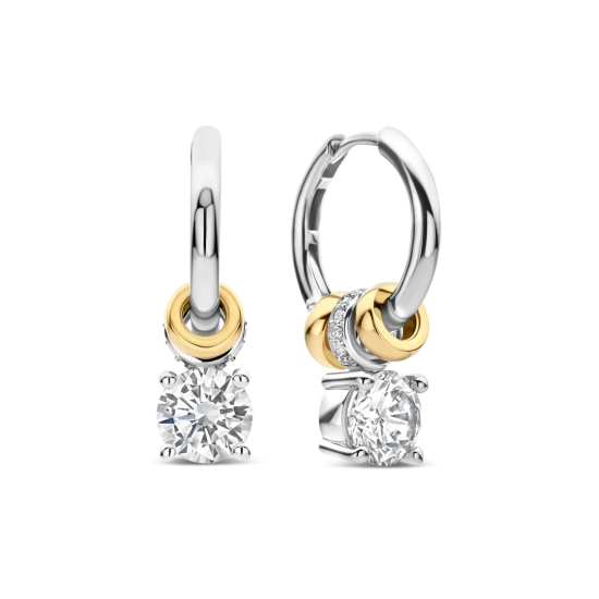 TI SENTO 78103ZY ZILVER VERGULDE OORHANGERS MET ZIRKONIA CHARM HOOPS