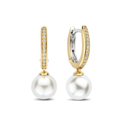 TI SENTO 78092YP ZILVER VERGULDE OORHANGERS MET ZIRKONIA PEARL HOOPS