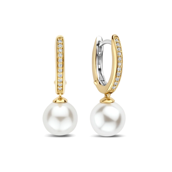 TI SENTO 78092YP ZILVER VERGULDE OORHANGERS MET ZIRKONIA PEARL HOOPS