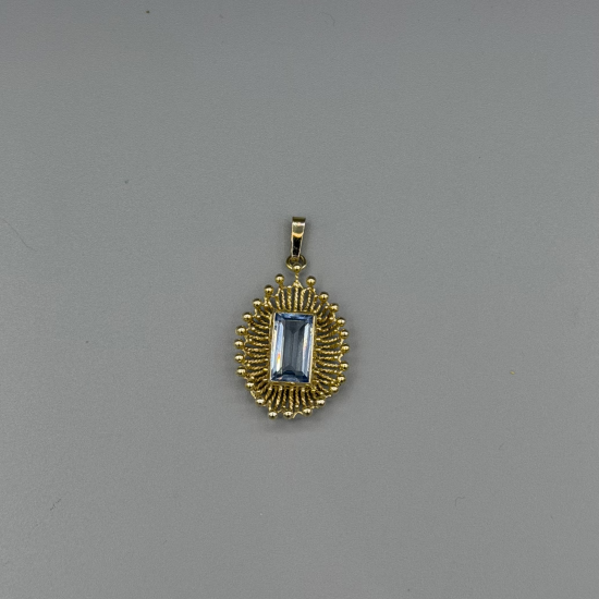 Vintage 9k Gouden Hanger met Blauwe Topaas, Zonnemotief (4,4 gram)