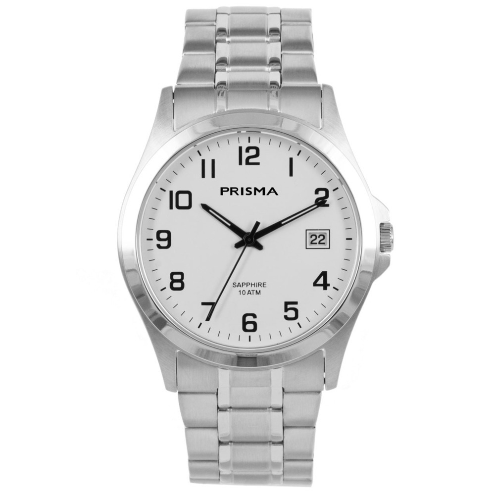 HORLOGES - Dit horloge is een herenhorloge van het merk Prisma. De kleur  van de kast is zilver en de kleur van de band zilver. De wijzerplaat is wit  van kleur. De