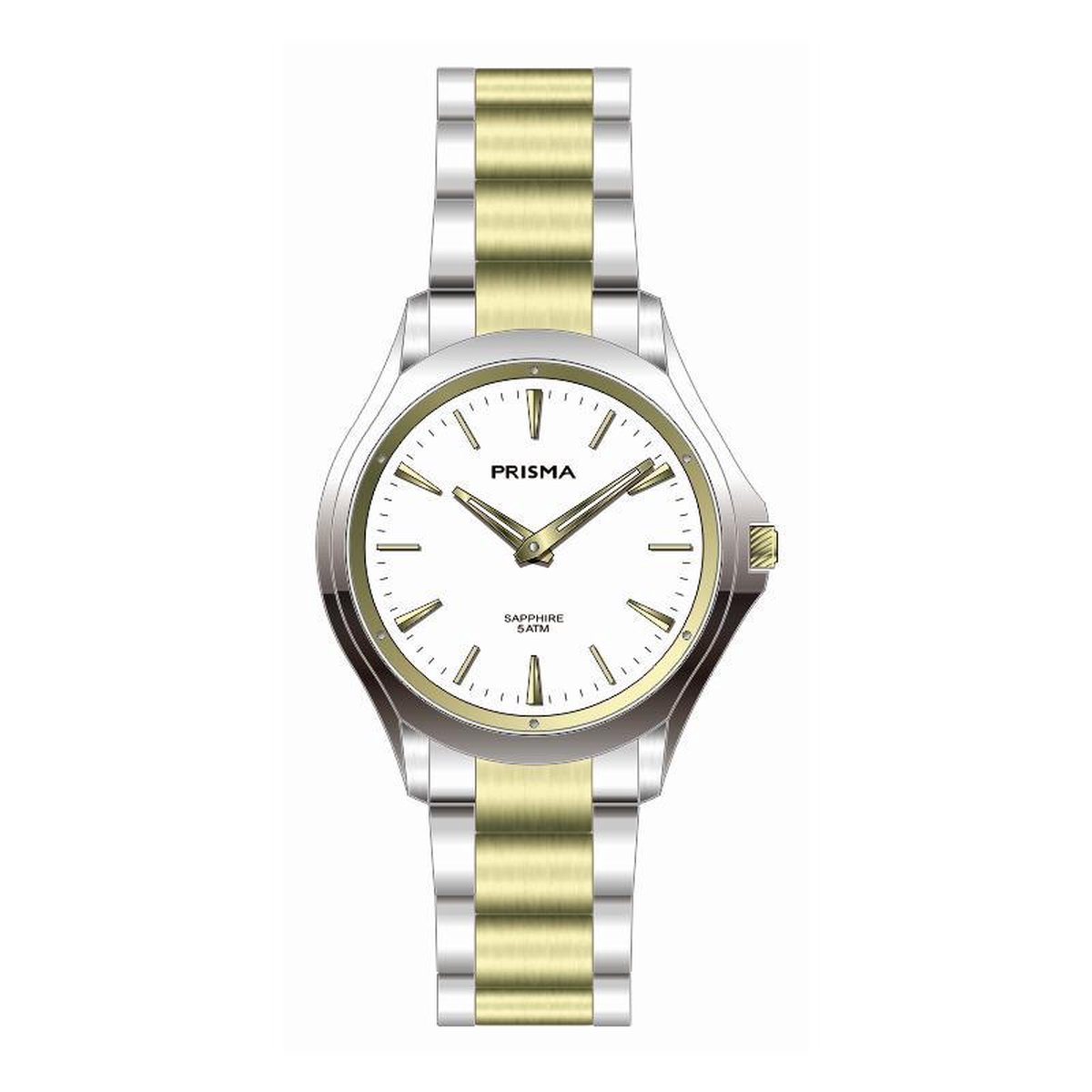 HORLOGES - Prachtig uitgevoerd Prisma dameshorloge voorzien van een  roestvrij stalen bicolor band. Deze uitvoering heeft een witte wijzerplaat  met streepjes index. De band past heel mooi bij de Fashion-stijl van het