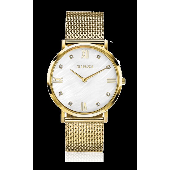 HORLOGES - Het nieuwe ZINZI Roman horloge is een sierlijke eyecatcher. Met  zijn geelgoudkleurige stalen kast van 34mm oogt dit horloge trendy op de  dunnere pols. En de sierlijke romeinse cijfers geven